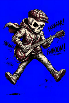 Skeleton character playing electric guitar in hoodie and cap, punk rock musician illustration