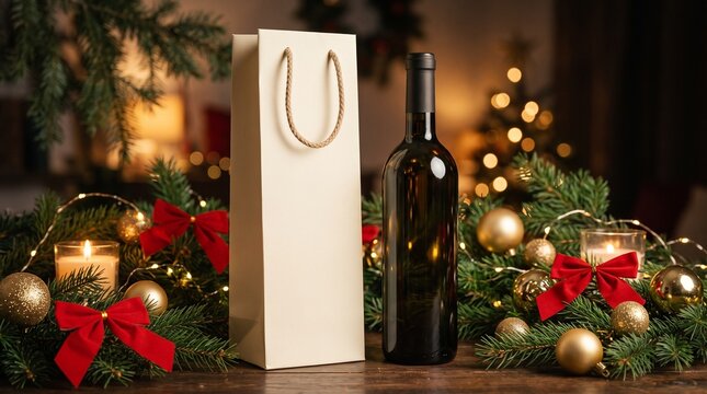 Christmas gift packaging mockup featuring one plain blank cream paper bottle gift bag with rope handles, beside a generic unlabeled dark glass bottle with no visible markings. Add pine branches, gold 