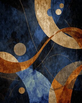Abstract Geometric Composition With Gold And Blue Circles Layered Curved Shapes Digital Art Background For Modern Design Projects