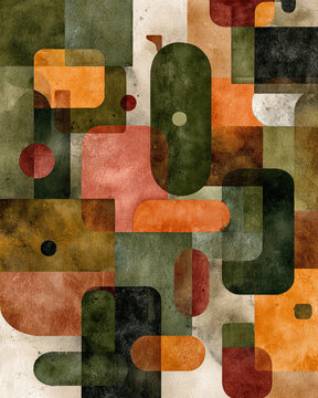 Abstract Geometric Composition With Overlapping Rounded Rectangles And Circles in Earthy Watercolor Texture