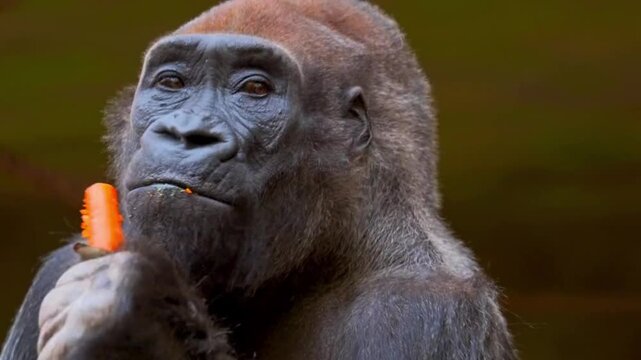 Large black silverback gorilla eating a carrot