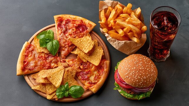 Gourmet Fast Food Spread Featuring Pizza, Burger, Fries, and Refreshing Drink on a Rustic Table