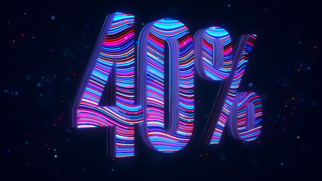 Large futuristic 3D 40 percent typography in perspective with vibrant blue and purple flowing stripes, glowing particles, and luminous bokeh against a dark digital space background.