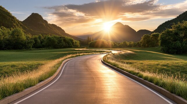 Scenic winding road at sunset with vibrant colors and lush green hills in serene landscape setting