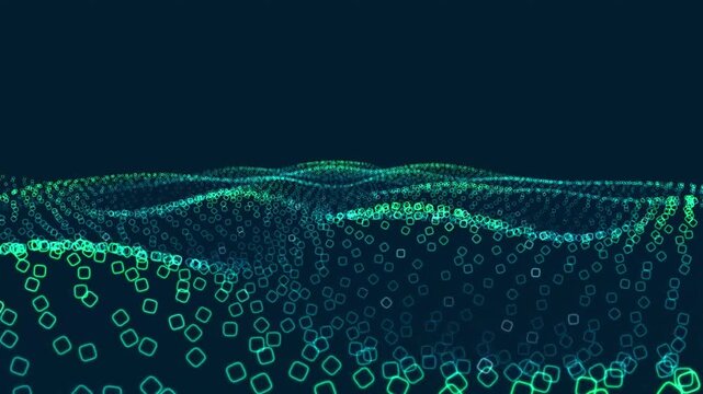 Digital wave grid features glowing green rings arranged in an abstract geometric landscape formation.