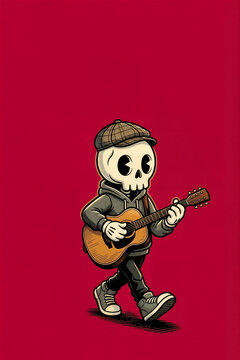 Skeleton musician playing acoustic guitar on red background