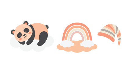 Cute vector illustration set featuring a sleeping panda on a cloud, a muted boho rainbow, and a cozy nightcap. © Sabil
