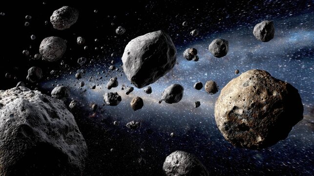 A vast collection of rocky planetoid bodies orbiting through the cosmic expanse