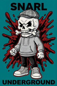 Skull character wearing streetwear hoodie and flat cap biting bone illustration