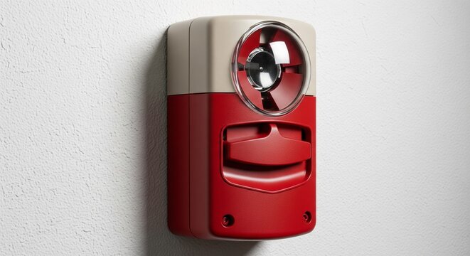 Red wall-mounted fire alarm strobe light on white textured wall