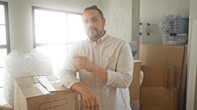 Man leans on packed cardboard box holding index finger to lips in apartment building near stacked boxes and bubblewrap during move; moving privacy hush.