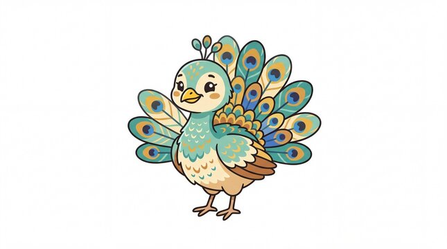 Adorable baby peacock cartoon character illustration with colorful feathers isolated on white background