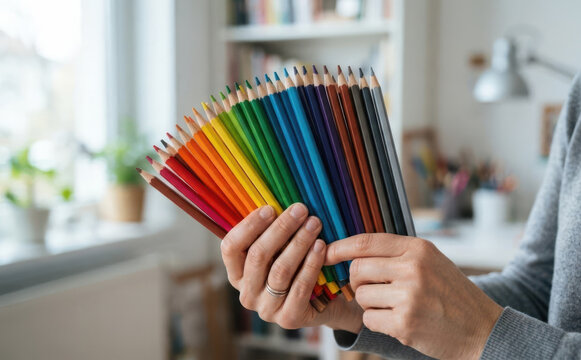 Woman holding rainbow colored pencils in a bright room representing creativity and art supplies