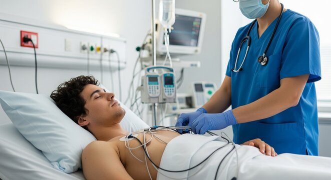 Nurse attaching monitoring electrodes to a patient in a hospital bed