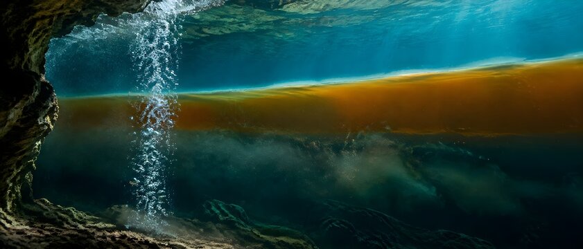 Bubble stream rising against cave halocline with drifting sediment and layered water