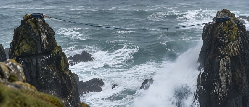 Highline webbing strung between two sea stacks above churning surf with padded anchors and a backup strand on basalt