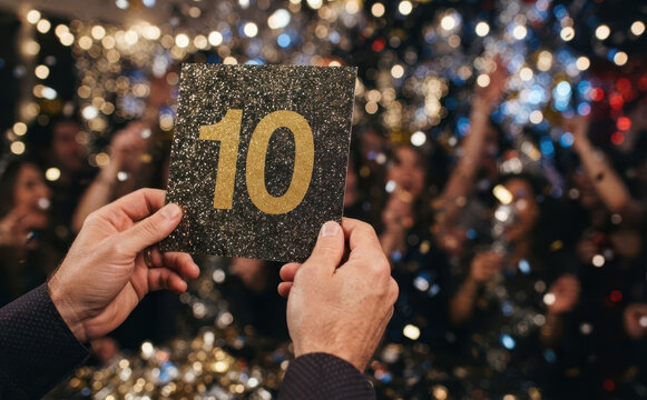 Person holding number ten sign at party celebration with confetti