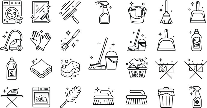 Complete household chore and commercial cleaning line icons set featuring laundry wash clothes broom brush vacuum squeegee elements