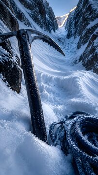 Ice axe planted in a snow couloir beside a boot step ledge and coiled rope