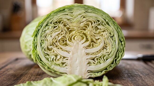Close-up of a fresh green cabbage cut in half on a wooden board