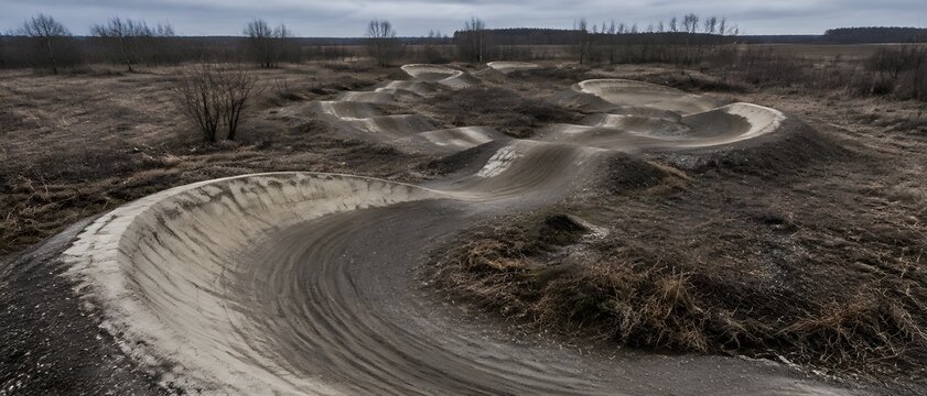 BMX pump track winding through a bare winter field with roller humps and clay berms