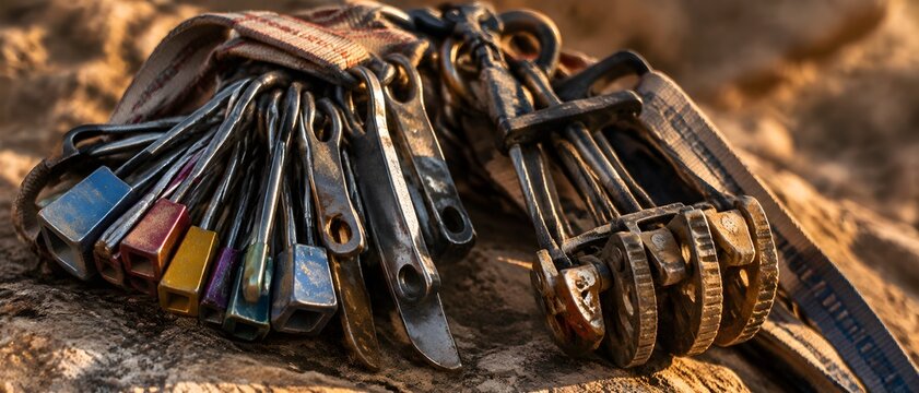 Pitons and hexes racked on a climbing gear sling beside a camming unit