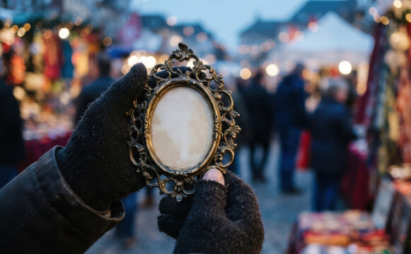 Person holding an antique ornate oval picture frame at a winter outdoor market