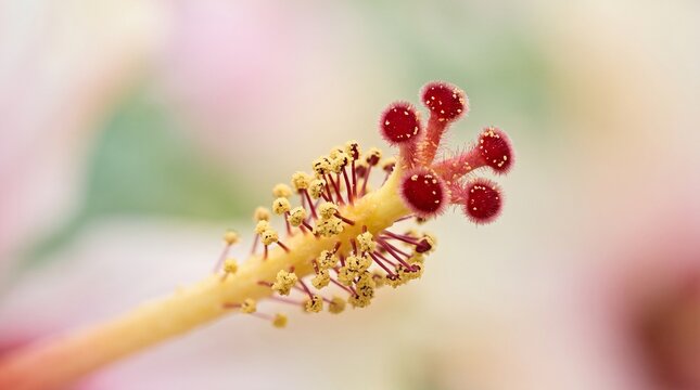 Macro shot of hibiscus flower stamen and stigma with yellow pollen