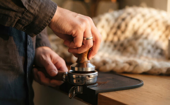 Barista tamping espresso coffee grounds with metal tamper in a cozy cafe kitchen