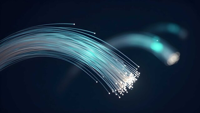 High-tech optical fibers glowing within atmospheric blue space