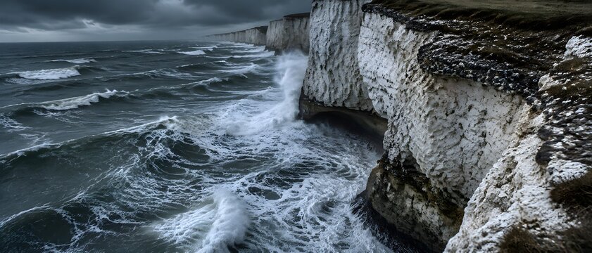 Stormy ocean waves crashing against chalk sea cliffs with an undercut wave-cut base and flint ledges