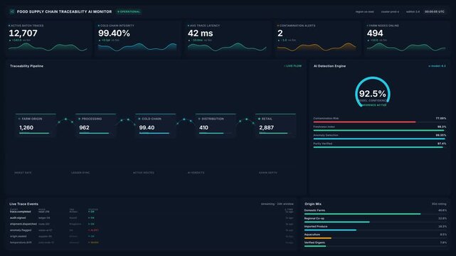 Food supply chain traceability ai monitor dashboard in 4k, for batch traces, cold chain integrity origin mix, for quality control food safety tracking