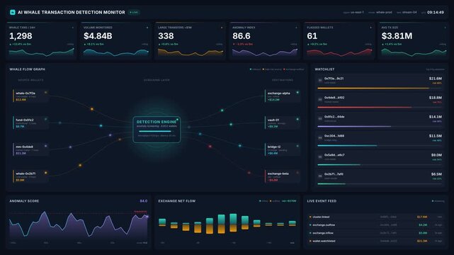 Ai whale transaction detection dashboard tracking live fund flow data, for digital security, financial analytics, fraud prevention, risk review in 4k