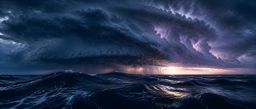 Anvil thunderclouds gathering over open ocean with dark heaving swell