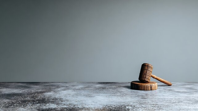Wooden judge gavel on sound block with copy space on gray background