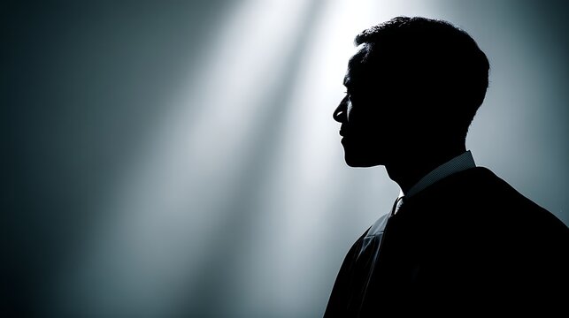 Dramatic silhouette of a man in profile lit by a beam of light