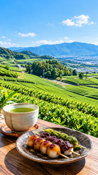 Beautiful green tea plantation hills in Japan with traditional dango and green tea, generative AI
