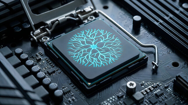Glowing digital network nodes on computer processor chip mounted on motherboard circuit board