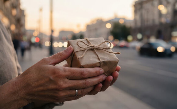 Woman holding a small gift box wrapped in craft paper outdoors in city street representing surprise and generosity
