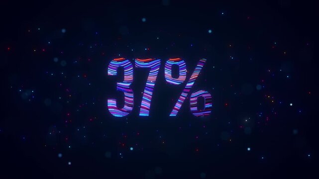 3D animation of futuristic 37 percent typography featuring rotating colorful blue and purple flowing lines, glowing particles, luminous bokeh, and vibrant digital energy against dark background.