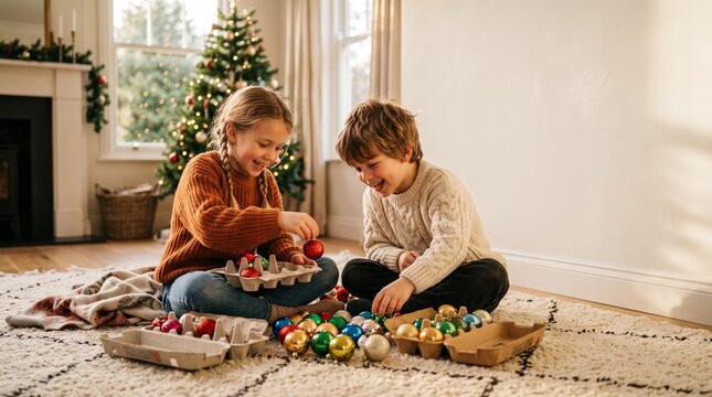 Joyful siblings sort colorful Christmas ornaments on rug near decorated tree and fireplace