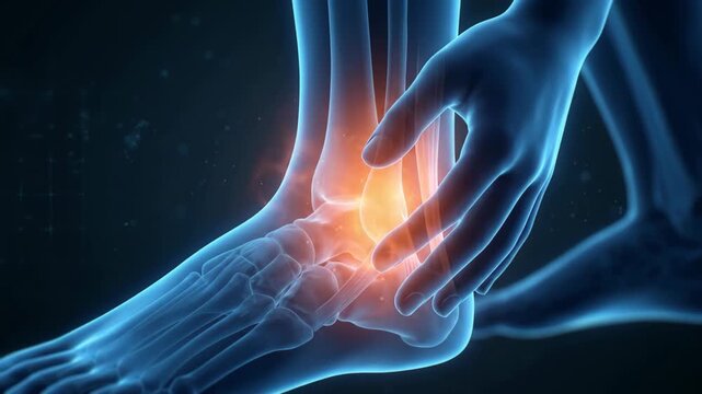 3d medical illustration of foot and ankle pain with hand touch