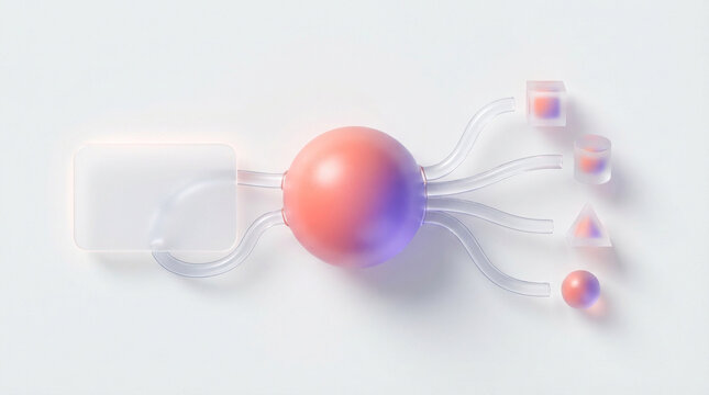 Glass node network sphere connected to floating geometric 3d shapes for data processing art.