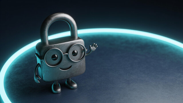 Cute Security Padlock Character with Glasses Waving Hand