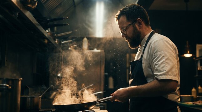 Chef Cooking Gourmet Meal in Professional Restaurant Kitchen with Steam and Rising Sparks