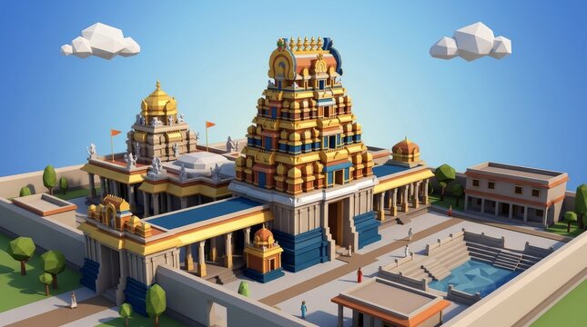 Colorful stylized temple complex with golden domes and decorative elements in a pixel art