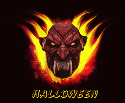 Halloween - Fiery Demon Head With Glowing Eyes and Fanged Mouth Surrounded by Flames and Smoke
