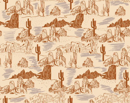 Vector Seamless Desert Print Design. hand drawing cactus with mountain prints. summer tee t-shirt design. vintage retro desert pattern. summer print pattern..ai 