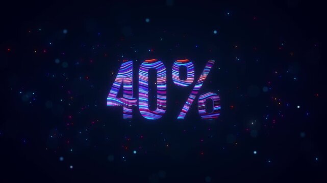 3D animation of futuristic 40 percent typography featuring rotating colorful blue and purple flowing lines, glowing particles, luminous bokeh, and vibrant digital energy against dark background.