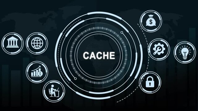 Advanced digital cache technology interface featuring futuristic hud global data network connectivity, cyber security and high-speed information processing visualization for enterprise systems